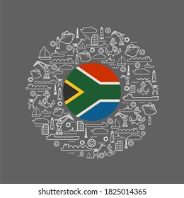 Sea port concept. Freight vessels or ships icons. Maritime transportation. Brochure, report or cover design template. Flag of South Africa in the center of circle frame with thin line icons.