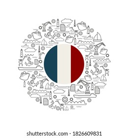 Sea port concept. Freight vessels or ships icons. Maritime transportation. Brochure, report or cover design template. Flag of France in the center of circle frame with thin line icons.