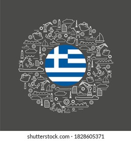 Sea port concept. Freight vessels or ships icons. Maritime transportation. Brochure, report or cover design template. Flag of Greece in the center of circle frame with thin line icons.