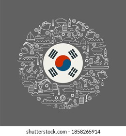Sea port concept. Freight vessels or ships icons. Maritime transportation. Brochure, report or cover design template. Flag of South Korea in the center of circle frame with thin line icons.