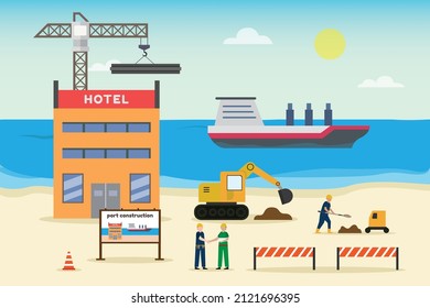 Sea port construction 2d flat vector illustration concept for banner, website, landing page, ads, flyer template