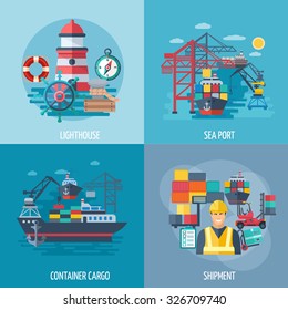 Sea port design concept set with container cargo and shipment flat icons isolated vector illustration