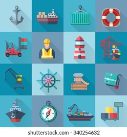 Sea port flat icons set with anchor container ship lifebelt isolated vector illustration