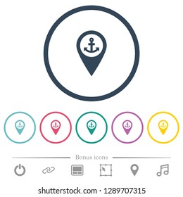 Sea port GPS map location flat color icons in round outlines. 6 bonus icons included.