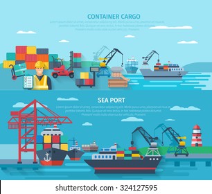 Sea Port Horizontal Banner Set With Container Cargo Elements Flat Isolated Vector Illustration