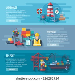 Sea port horizontal banner set with flat lighthouse and shipment elements isolated vector illustration