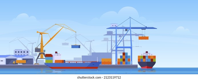 Sea port horizontal banner vector flat illustration. Industrial cargo ships and containers work with crane. Commercial freight delivery heavy international export or import, logistic trade transport