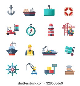 Sea port icons flat set with marine shipping isolated vector illustration svg