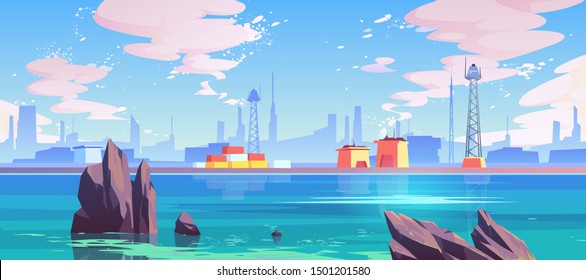 Sea port, industrial shipyard with cargo logistic containers for goods and telecommunication towers at waterfront under sun shining in cloudy sky. Marine seaside landscape Cartoon vector illustration
