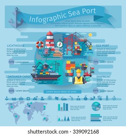 Sea port infographics set with container ships symbols and charts vector illustration