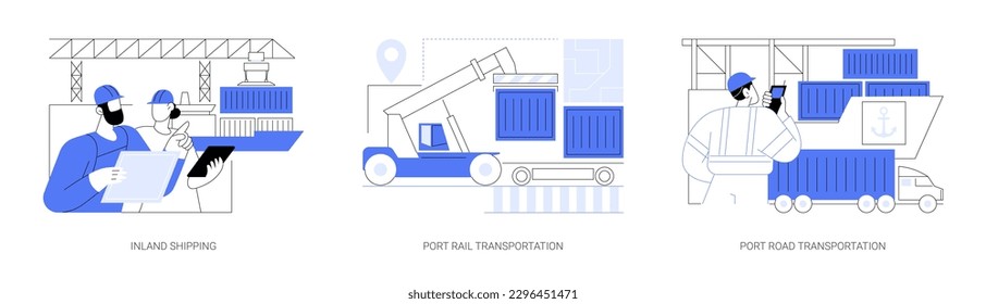 Abstraktes Konzept für Vektorgrafik-Set für die Seehafeninfrastruktur. Der Binnenschiffsverkehr, der Schienen- und Straßenverkehr im Hafen, der Binnenschiffsbetreiber, der Verlader der Güter, der Container abstrakte Metapher bewegen.