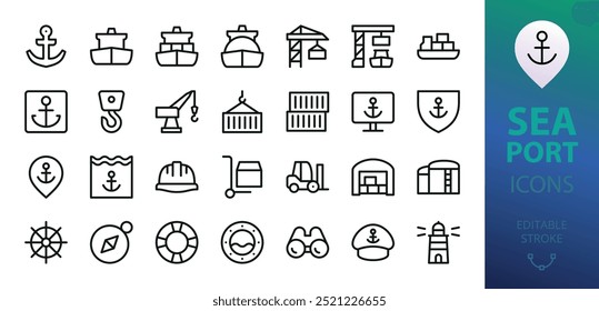 Sea port isolated icons. Set of container ship, port crane, shipping container, ocean tanker, gas carrier, lighthouse, sea captain hat, marine anchor vector icon with editable stroke