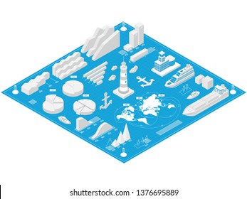 Sea port isometric infographics with industrial, fishing, cruise ships and lighthouse with buoy as well as other elements of the seaport. Vector illustration for presentation and graphic.