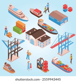 Sea port isometric set with city persons, pier building, cargo ships, harbor facilities