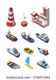 Sea port isometric transport set. Port building lighthouse buoy cargo tanker research vessel speed inflatable boat windsurfing. vector