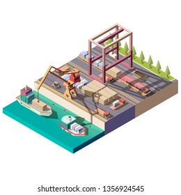 Sea port isometric vector icon with handling gantry crane on quay loading, unloading shipping container on cargo ship, trucks and train transporting freights from dock isolated on white background