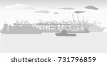 sea port with large port cranes and large ocean-going cargo ships