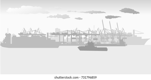 sea port with large port cranes and large ocean-going cargo ships