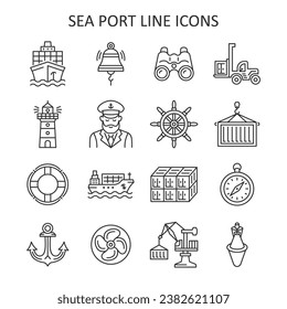 Sea port line icon set. Shipping industry collection with ship, captain, container, bell, anchor, crane, reach stacker, compass. Vector illustration.