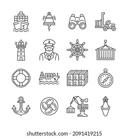 Seehafen Linie Vektorsymbol-Set. Schiffsindustrie Sammlung mit Schiff, Kapitän, Container, Glocke, Anker, Kranich, Anschnallstapler, Kompass. Bearbeitbarer Strich. 