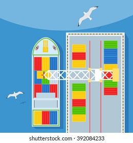 Sea port, loading of cargo on Board. Marine shipping. Delivery of the goods. Color containers on the dock with a lifting crane. Seagulls flying on water. Editable vector illustration top view