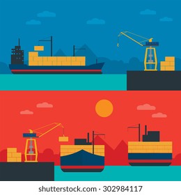 Sea port logistic set with sea port container cargo ship and shipment flat vector banner.