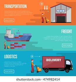 Sea port logistic set with sea port container cargo ship and shipment flat vector banner. Cargo ship, logistics and transportation infographics elements. Sea port banners. Shipment process. Cargo icon