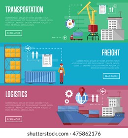 Sea port logistic set with sea port container cargo ship and shipment flat vector banner.