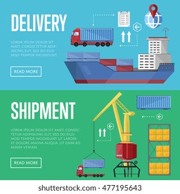 Sea port logistic set with sea port container cargo ship and shipment flat vector banner.