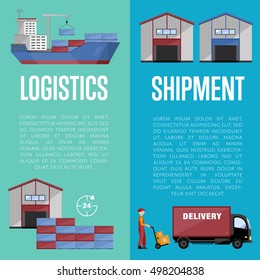 Sea port logistic set with sea port container cargo ship and shipment flat vector banner. Cargo ship, logistics and transportation infographics elements. 