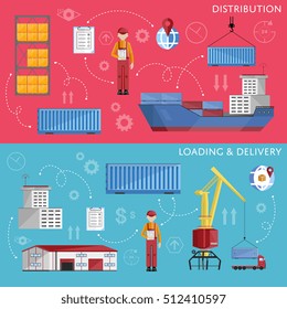 Sea port logistic set with sea port container cargo ship and shipment flat vector banner. Cargo ship, logistics and transportation infographics elements.