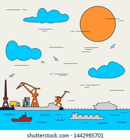 Sea port, marine cargo terminal, freight vessels or ships carrying containers drawn with contour lines. Maritime transportation. Illustration in linear style.