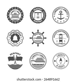 Sea port marine transport and cruise shipping label set isolated vector illustration