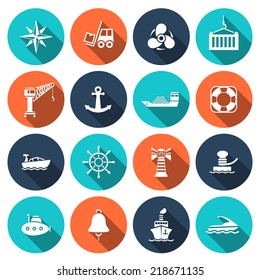 Sea port nautical journey transportation icons set isolated vector illustration