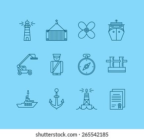 Sea Port Nautical Transportation Flat Icons Set Isolated Vector Illustration