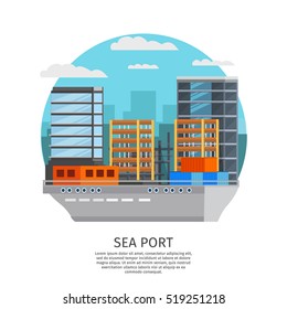 Sea port round design with barge and storage facilities on city buildings background orthogonal vector illustration