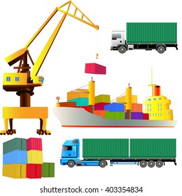 Sea port set, harbor crane, cargo ship with containers on board, trucks. Isolated from white. Vector illustration. All objects are on separate layers.
