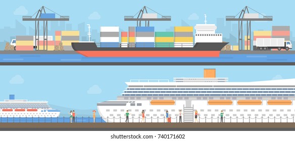 Sea port set. Ships and cargo on the sea.