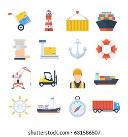 Sea port set of vector icons in a flat style. Loading and unloading of cargo ships in the port. Icons of a crane, a forklift, a cargo ship, containers and a worker. International sea freight.