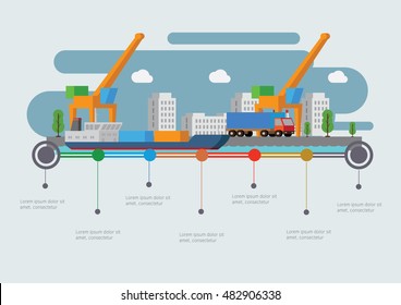 Sea Port With a Ship. Infographic time line. Industry and transportation concept. Vector illustration