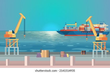 Sea port a ship is on ocean water and crane is waiting for unloading goods