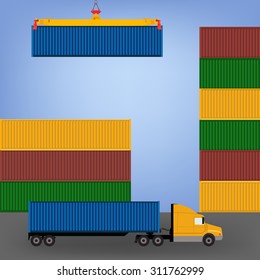 Sea port, unloading of cargo containers. Sea freight transportation vector illustration. Container truck