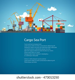 Sea Port, Unloading of Cargo Containers from the Container Carrier, Cranes in Port Load Containers on the Container Ship or Unload, Poster Brochure Flyer Design, Vector Illustration 