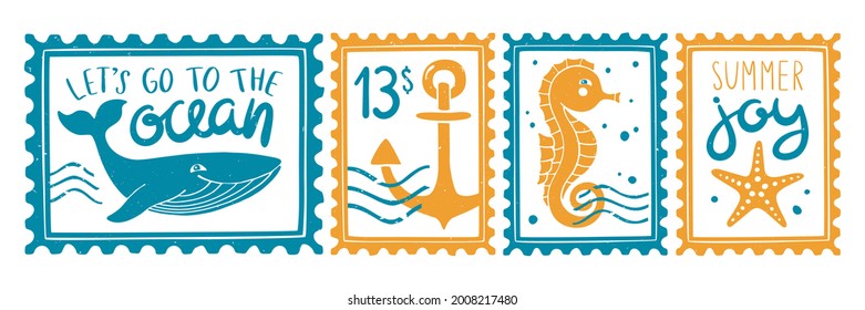 Sea post stamp set. Whale and "let's go to the ocean" lettering, face value of 13 dollars with an anchor, seahorse, starfish and "Summer joy" phrase. Vector flat hand drawn illustration