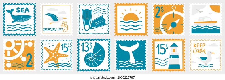 Sea post stamp set with whale, seagulls, flippers, seascape, compass, yacht, steering wheel, starfish, shell, whale tail and lighthouse. Vector flat hand drawn illustrations