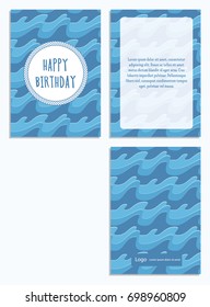 Sea postcard with big blue waves pattern with text Happy birthday in a white circle
