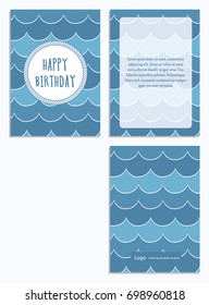 Sea postcard with blue waves pattern with text Happy birthday in a white circle