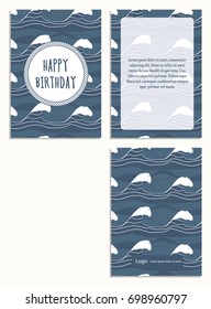 Sea postcard with dark blue big waves pattern with text Happy birthday in a white circle