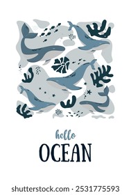 Cartão postal marítimo com animais oceânicos. Olá oceano. Ilustração vetorial com vida subaquática. Moradores do mundo do mar, criaturas subaquáticas bonitas, habitantes de recifes de corais em seu habitat natural.