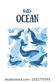 Cartão postal marítimo com animais oceânicos. Olá oceano. Ilustração vetorial com vida subaquática. Moradores do mundo do mar, criaturas subaquáticas bonitas, habitantes de recifes de corais em seu habitat natural.